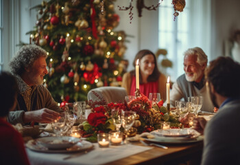 a warm and joyous family Christmas dinner with a beautifully decorated tree and cozy fireplace.