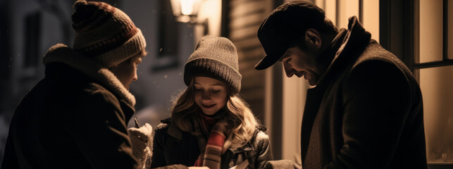 a group of people in winter attire, standing outside an illuminated shop window at night, engaged in conversation.