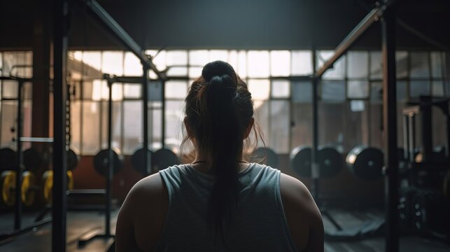 A young overweight woman with excess weight, view from the back, in a gym, looking at exercise equipment. Determination, self-awareness, and a commitment to fitness and well-being.