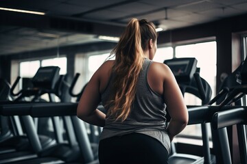 Fototapeta na wymiar A young overweight woman with excess weight, view from the back, in a gym, looking at exercise equipment. Determination, self-awareness, and a commitment to fitness and well-being.