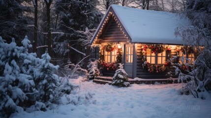 log cabin nestled in a snow-covered forest, adorned with Christmas lights and wreaths.