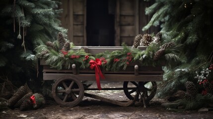 Fototapeta na wymiar a rustic wooden wagon adorned with pine cones, greenery, and a red bow, situated in a Christmas tree farm.