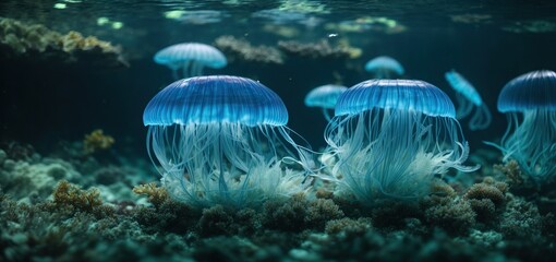 Fototapeta na wymiar jelly fish in the aquarium.A mesmerizing blue jellyfish, glowing in the depths of a crystal-clear aquarium 
