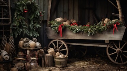 a rustic Christmas scene with a wooden wagon filled with decorations in a barn.