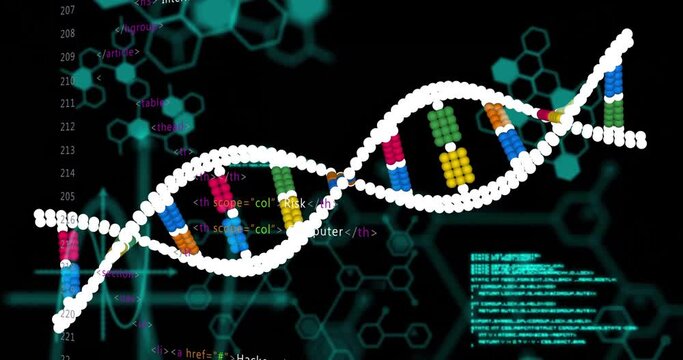 Animation of data processing over dna strand on black background