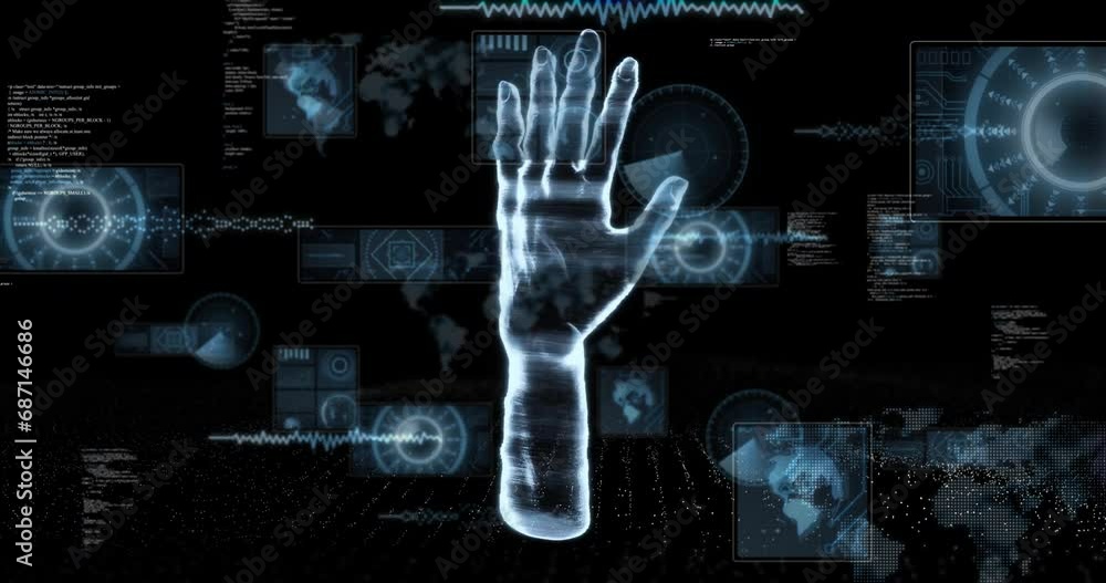 Poster animation of data processing over hand model on black background