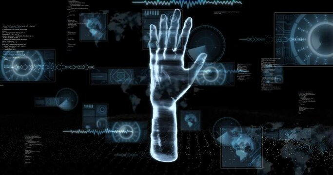 Animation of data processing over hand model on black background