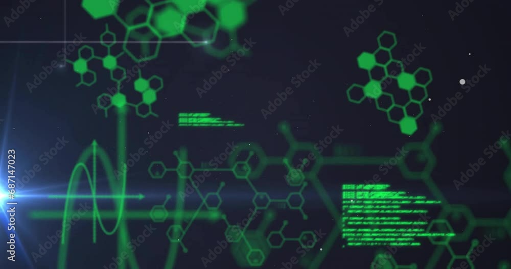 Poster animation of data processing with chemical formula on black background