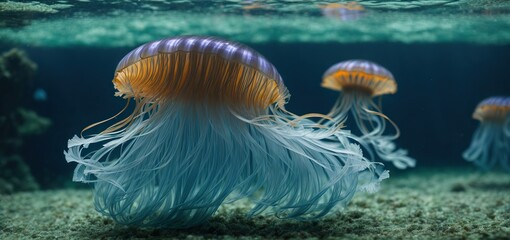 jelly fish in the aquarium.A mesmerizing blue jellyfish, glowing in the depths of a crystal-clear aquarium 