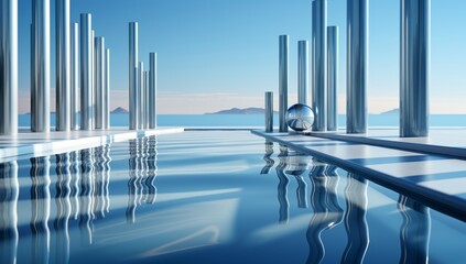 blue background with a white striped line against the water, in the style of surreal architectural landscapes, thin steel forms, soft and airy composition