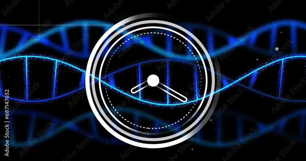 Poster animation of moving clock over dna strands on black background