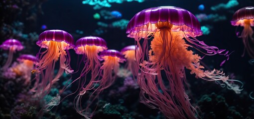 jelly fish in the aquarium.neon jellyfish glows in the depths of a dark aquarium, its tendrils pulsing with vibrant colors - obrazy, fototapety, plakaty