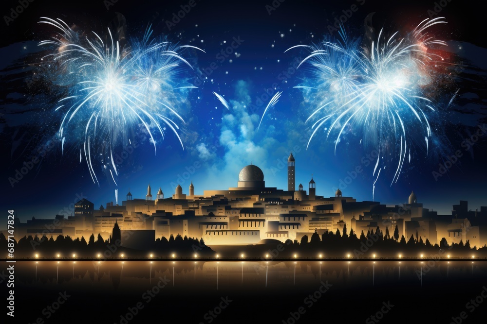 Poster a picture of a large building with fireworks lighting up the sky. perfect for celebrating special oc