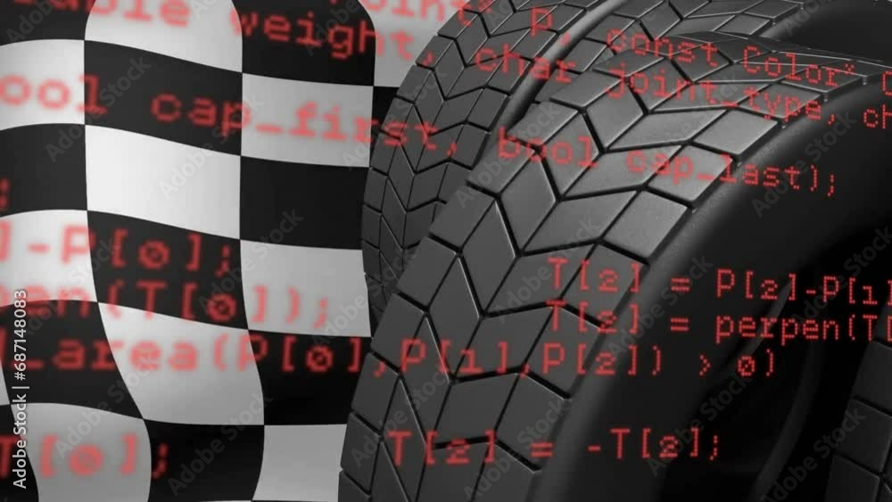 Poster animation of data processing over tyres on checkered background