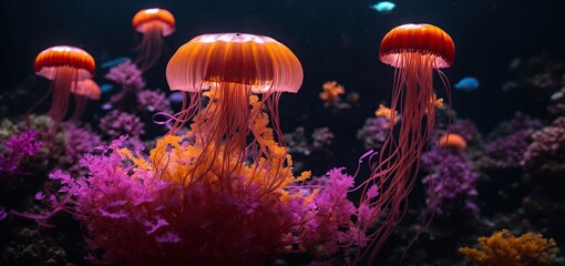 jelly fish in the aquarium.neon jellyfish glows in the depths of a dark aquarium, its tendrils pulsing with vibrant colors