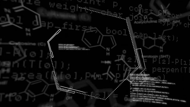 Animation of data processing over chemical formula on black background