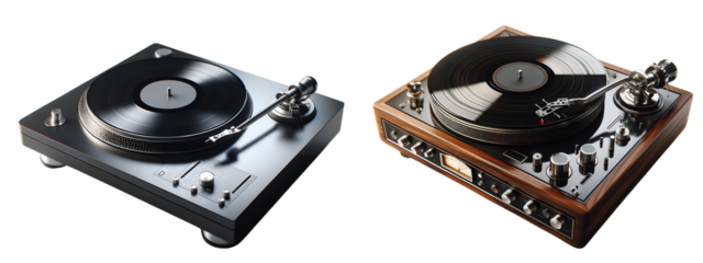 Set of DJ Turntables with Vinyl Records on Transparent Background