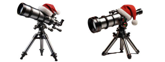 Set of Telescopes with Santa Hats on Transparent Background - Christmas Gift
