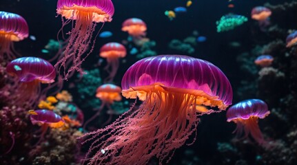 Fototapeta na wymiar jelly fish in the aquarium. A mesmerizing neon jellyfish glows in the depths of a dark aquarium, its tendrils pulsing with vibrant colors