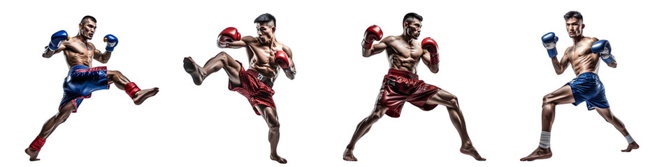 Fototapeta na wymiar Set of Muay Thai Fighters in Action on Transparent Background