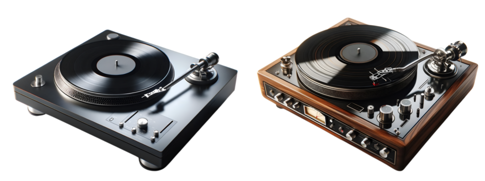 Set of DJ Turntables with Vinyl Records on Transparent Background