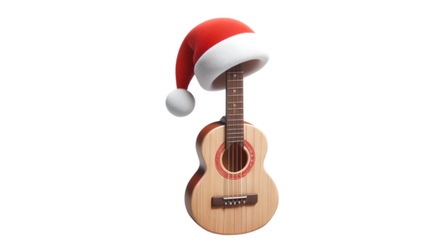 Acoustic Guitar with Santa Hat on Transparent Background - Christmas Gift