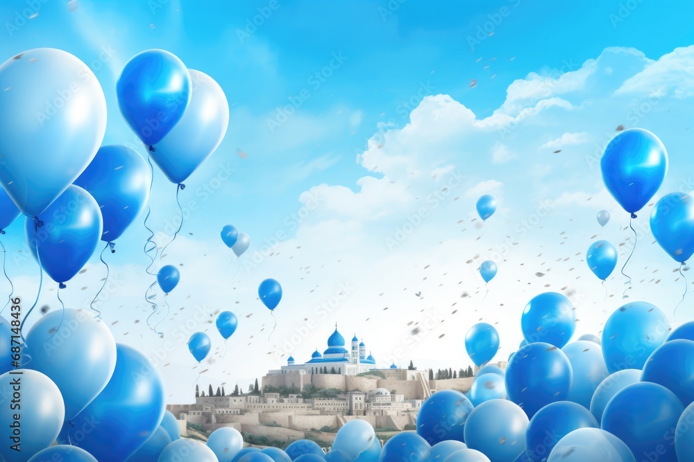 Poster a bunch of blue balloons floating in the air. perfect for celebrations and adding a touch of joy to 