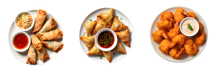 Set of Asian Appetizers with Spring Rolls, Samosas, and Shrimp Fritters on Transparent Background