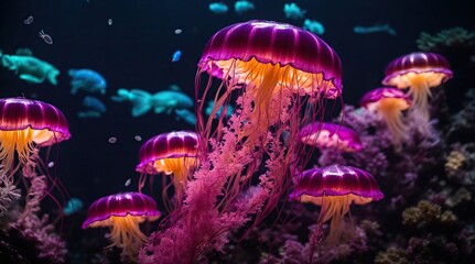 jelly fish in the aquarium. A mesmerizing neon jellyfish glows in the depths of a dark aquarium, its tendrils pulsing with vibrant colors - obrazy, fototapety, plakaty
