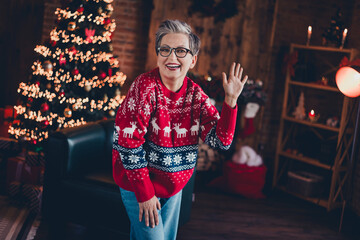 Portrait of positive aged lady arm palm waving hi greeting christmas decorated tree lights house...