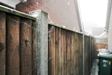 Shallow focus of a concrete post seen with frozen cobwebs on a cold December morning. The side entrance to a property and side gate can be seen.
