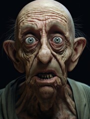 a old wrinkled with big eyes looking scared in front of him, mouth wide open. Generative AI