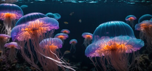 Fototapeta na wymiar jelly fish in the aquarium. a bioluminescent jellyfish as it illuminates the darkness of the underwater world, creating a truly mesmerizing sight 