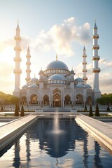 Obraz premium A large white building with a beautiful fountain in front of it. This image can be used to depict architecture, landmarks, or outdoor spaces with water features