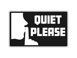 Quiet please, notice with gesture of finger on lips and text on side. Black background.  - obrazy, fototapety, plakaty
