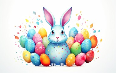 Happy Easter poster. Big blue colorful rabbit with eggs isolated on white background. Watercolor...