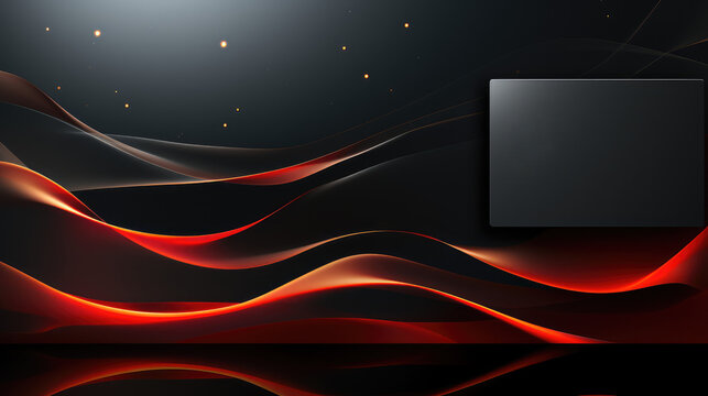 A sleek abstract design with red flames on a black background with a blank display, resembling advanced technology.