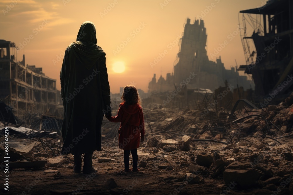 Poster a woman and a child standing amidst the ruins of a city. this image can be used to depict the afterm