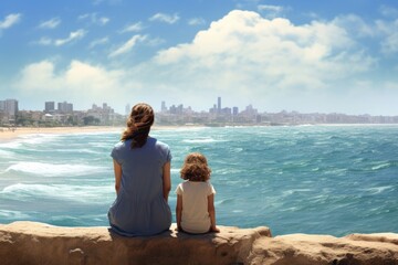 Fototapeta premium A woman and child sitting on a rock, enjoying the view of the ocean. Perfect for travel and family-themed projects