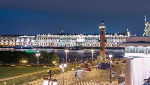 Aerial timelapse showcasing the Palace waterfront, rostral column, and the backdrop of Church of the Savior on Spilled Blood. Viewed from a rooftop, captivating perspective of St. Petersburg, Russia