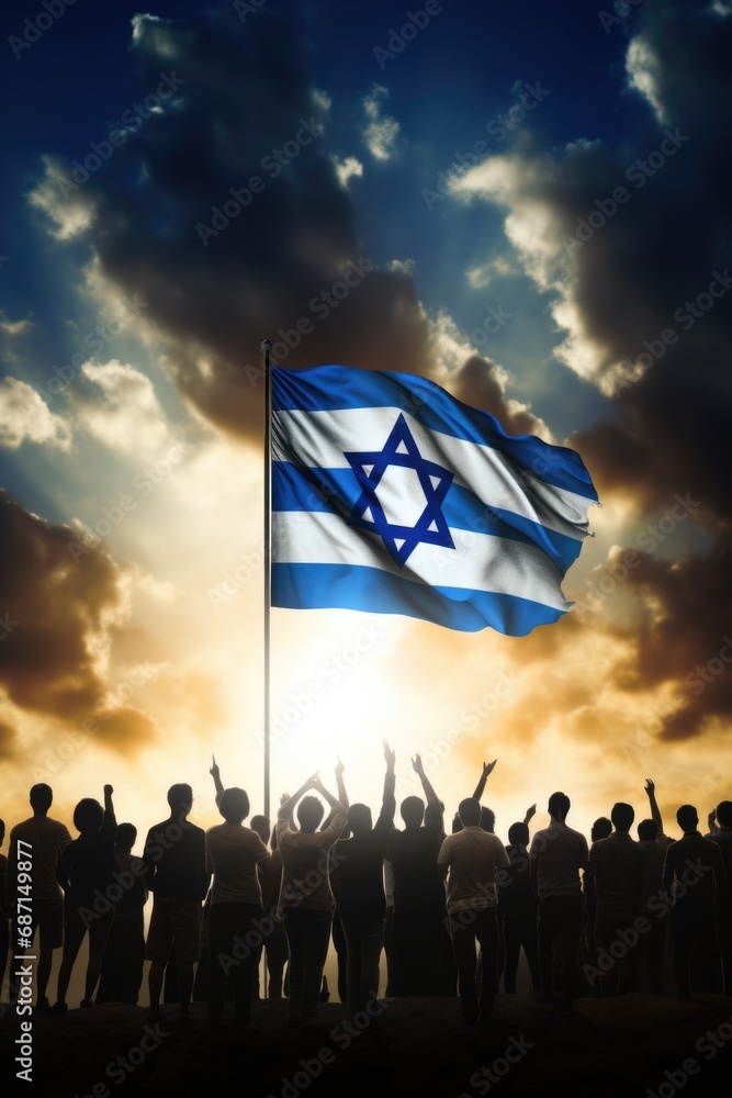 Aufkleber a group of people standing together in front of a flag. this image can be used to represent unity, p
