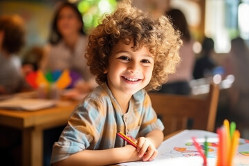 Cute curly child todler boy draws with colored pencils at the table in the children's room, in kindergarten, in developmental classes, art school. Happy kid doing creativity