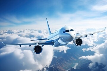 White passenger plane flies against a background of blue sky with clouds. Air transport concept,...