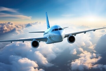 White passenger plane flies against a background of blue sky with clouds. Air transport concept, transportation of people, travel, business - obrazy, fototapety, plakaty