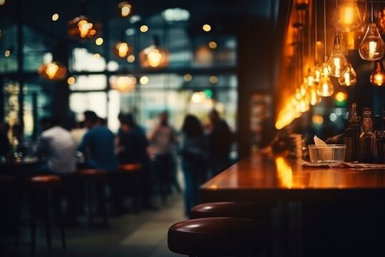 Blurred background of a cafe, restaurant, coffee shop, bar. Tables and chairs, bar counter, modern lamps, people in the room, evening lighting. Background for your design, advertising