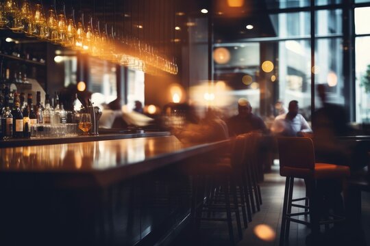 Blurred background of a cafe, restaurant, coffee shop, bar. Tables and chairs, bar counter, modern lamps, people in the room, evening lighting. Background for your design, advertising