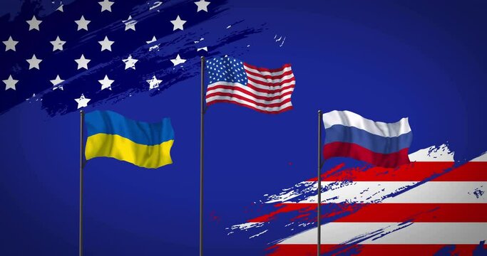 Animation of flags of ukraine, usa and russia on blue background