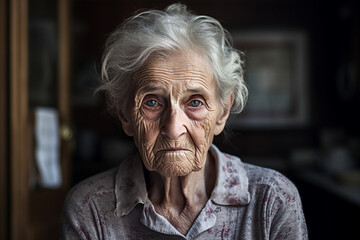 Generative AI black white filter portrait of sad old woman living alone