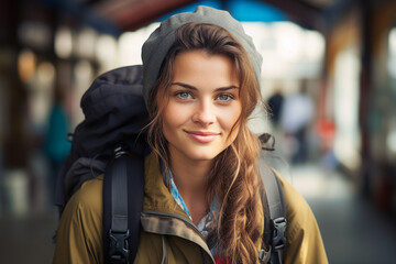 Fototapeta premium Charming tourist walking in city streets weekend vacation generative ai concept