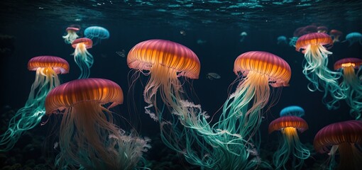 Obraz na płótnie Canvas jelly fish in the aquarium.a bioluminescent jellyfish illuminating a dark underwater scene
